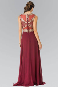 Elizabeth K GL2316 Baroque Embroidery A-Line Chiffon Overlay Long Dress in Burgundy - SohoGirl.com
