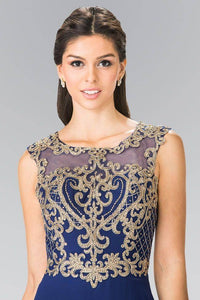 Elizabeth K GL2316 Baroque Embroidery A-Line Chiffon Overlay Long Dress in Navy - SohoGirl.com