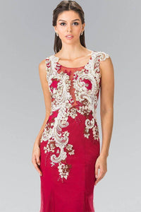 Elizabeth K GL2318 Cascading Floral Embroidery Tulle Mermaid Dress in Burgundy - SohoGirl.com
