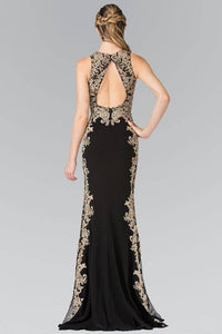 Elizabeth K GL2320 Open Back Side Embroidery Long Dress in Black - SohoGirl.com