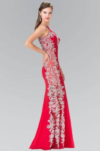 Elizabeth K GL2320 Open Back Side Embroidery Long Dress in Red - SohoGirl.com