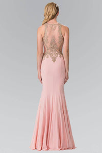 Elizabeth K GL2321 Beaded Embroidery Sheer Cut Out Dress in Coral - SohoGirl.com
