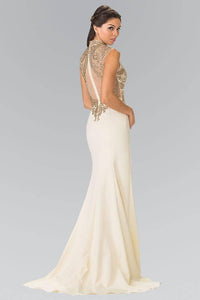 Elizabeth K GL2322 Turtleneck Embroidered Bodice Long Dress in Champagne - SohoGirl.com