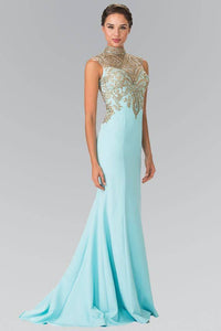 Elizabeth K GL2322 Turtleneck Embroidered Bodice Long Dress in Tiffany - SohoGirl.com