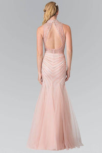 Elizabeth K GL2330 Full Beaded Halter Dress with Mermaid Tail in Blush - SohoGirl.com