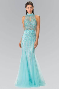 Elizabeth K GL2330 Full Beaded Halter Dress with Mermaid Tail in Tiffany - SohoGirl.com