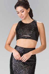 Elizabeth K GL2333 Full Sequin Mock Two Piece Long Dress with Cut Outs in Black - SohoGirl.com