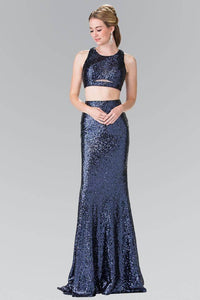 Elizabeth K GL2333 Full Sequin Mock Two Piece Long Dress with Cut Outs in Navy - SohoGirl.com