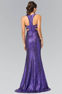 Elizabeth K GL2333 Full Sequin Mock Two Piece Long Dress with Cut Outs in Purple - SohoGirl.com