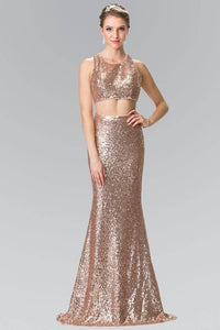 Elizabeth K GL2333 Full Sequin Mock Two Piece Long Dress with Cut Outs in Rose Gold - SohoGirl.com