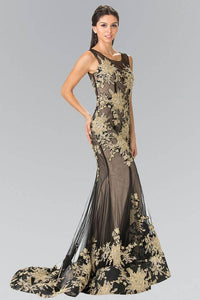Elizabeth K GL2335 Floral Applique Sheer Overlay Long Dress in Black - SohoGirl.com