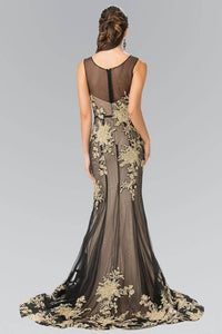 Elizabeth K GL2335 Floral Applique Sheer Overlay Long Dress in Black - SohoGirl.com