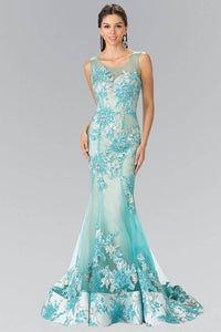 Elizabeth K GL2335 Floral Applique Sheer Overlay Long Dress in Tiffany - SohoGirl.com