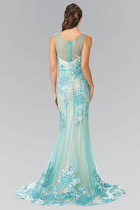 Elizabeth K GL2335 Floral Applique Sheer Overlay Long Dress in Tiffany - SohoGirl.com