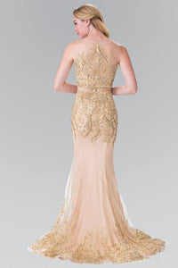 Elizabeth K GL2338 Mock Two Piece Gold Threaded Embroidered Dress in Champagne - SohoGirl.com