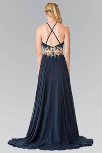 Elizabeth K GL2340 Mock Two Piece A-Line Halter Dress in Navy - SohoGirl.com