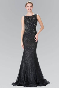 Elizabeth K GL2345 Sequined Floral Lace Long Dress in Black - SohoGirl.com