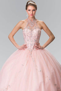 Elizabeth K GL2348 Beaded Halter Corset Quinceanera Dress in Blush - SohoGirl.com