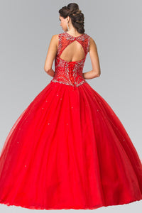 Elizabeth K GL2351 Cut-Out Neck and Beads Embellished Top Quinceanera Dress with Corset Back In Red - SohoGirl.com