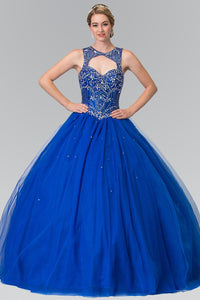 Elizabeth K GL2351 Cut-Out Neck and Beads Embellished Top Quinceanera Dress with Corset Back In Royal Blue - SohoGirl.com