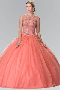 Elizabeth K GL2352 Beaded Bodice with Cut Out Back Quinceanera Dress in Coral - SohoGirl.com