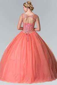 Elizabeth K GL2352 Beaded Bodice with Cut Out Back Quinceanera Dress in Coral - SohoGirl.com
