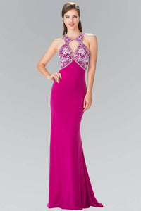 Elizabeth K GL2355 Bead Embellished Diamond Cut Outs Long Dress in Magenta - SohoGirl.com