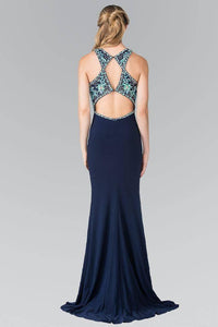 Elizabeth K GL2355 Bead Embellished Diamond Cut Outs Long Dress in Navy - SohoGirl.com