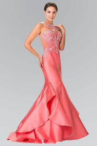 Elizabeth K GL2357 Bead Embellished Long Ruffled Mermaid Dress in Coral - SohoGirl.com