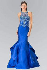 Elizabeth K GL2357 Bead Embellished Long Ruffled Mermaid Dress in Royal Blue - SohoGirl.com