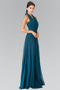 Elizabeth K GL2362 Belted Halter Long Dress in Teal - SohoGirl.com
