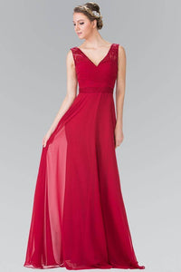 Elizabeth K GL2363 Long Chiffon Dress with Lace Straps in Burgundy - SohoGirl.com