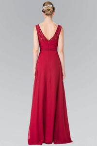 Elizabeth K GL2363 Long Chiffon Dress with Lace Straps in Burgundy - SohoGirl.com