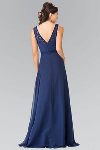 Elizabeth K GL2363 Long Chiffon Dress with Lace Straps in Navy - SohoGirl.com