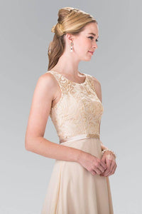 Elizabeth K GL2364 Sheer Embroidered Bodice with Belt Long Dress in Champagne - SohoGirl.com