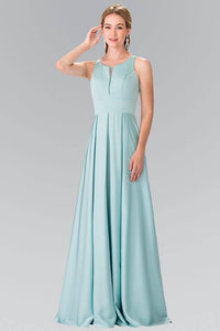 Elizabeth K GL2365 Notched Scoop Neck and Pleated Long Dress in Aqua - SohoGirl.com