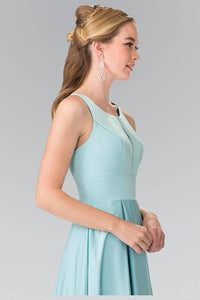 Elizabeth K GL2365 Notched Scoop Neck and Pleated Long Dress in Aqua - SohoGirl.com