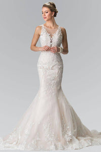 Elizabeth K GL2369 Illusion V Neck Mermaid Lace Wedding Dress in Ivory Champagne - SohoGirl.com