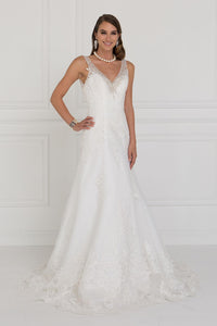 Elizabeth K GL2376 Mesh A-Line Long Dress Wedding Gown with Jewels In Ivory - SohoGirl.com