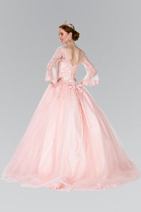 Elizabeth K GL2377 Quinceanera Flower Embroidery Long Dress with Long sleeve In Blush - SohoGirl.com