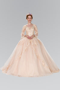 Elizabeth K GL2377 Quinceanera Flower Embroidery Long Dress with Long sleeve In Champagne - SohoGirl.com