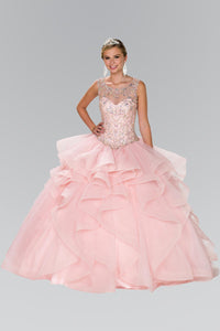 Elizabeth K GL2378 Quinceanera Full Beaded Bodice Illusion Sweet hearted Ball Gown with Bolero in Blush - SohoGirl.com