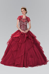 Elizabeth K GL2378 Quinceanera Full Beaded Bodice Illusion Sweet hearted Ball Gown with Bolero in Burgundy - SohoGirl.com