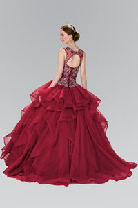 Elizabeth K GL2378 Quinceanera Full Beaded Bodice Illusion Sweet hearted Ball Gown with Bolero in Burgundy - SohoGirl.com