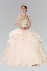 Elizabeth K GL2378 Quinceanera Full Beaded Bodice Illusion Ball Gown with Bolero in Champagne - SohoGirl.com