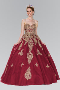 Elizabeth K GL2379 Quinceanera Tulle Sweetheart Ball Gown with Embroidery and Beads In Burgundy - SohoGirl.com