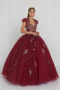 Elizabeth K GL2427 Quinceanera Beads Embellished Tulle Ball Gown with Bolero In Burgundy - SohoGirl.com