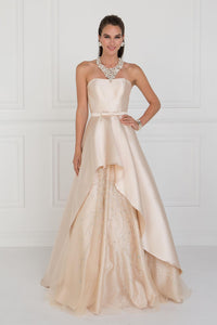 Elizabeth K GL 2429 Jewel Accented A-Line Skirt Mikado Long Dress In Champagne - SohoGirl.com