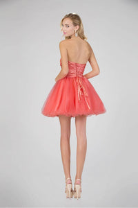 Elizabeth K GS1345 Jewel Detail Lace Bust Strapless Mini Dress in Coral - SohoGirl.com