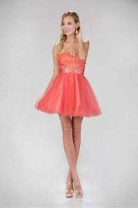 Elizabeth K GS1345 Jewel Detail Lace Bust Strapless Mini Dress in Coral - SohoGirl.com